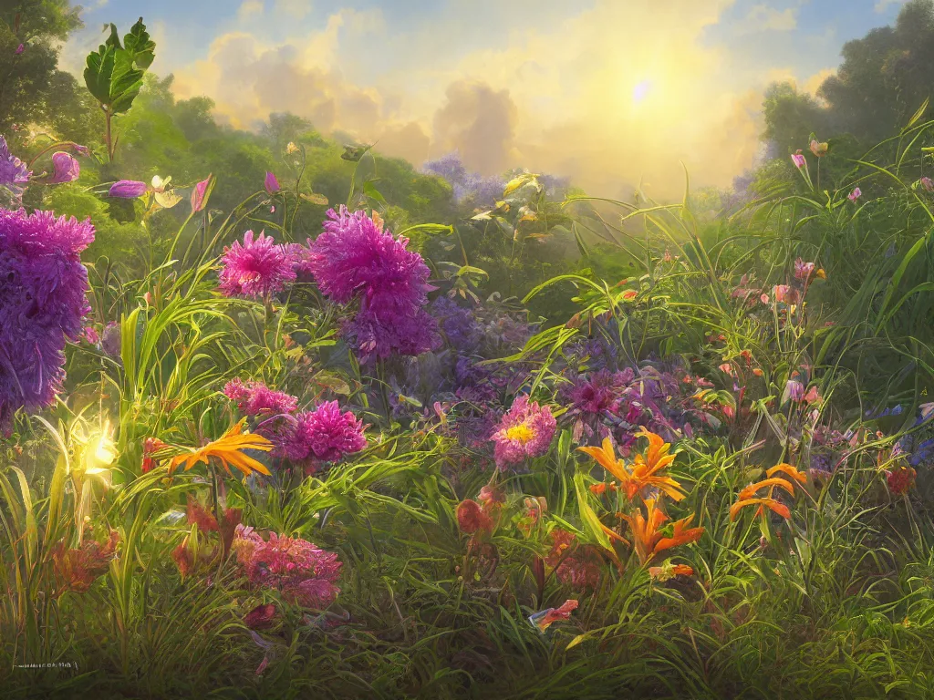 Prompt: sunlight study, wildflower undergrowth, art nouveau, by jan davidz de heem and martin johnson heade ( ( ( ( ( lisa frank ) ) ) ) ), 8 k, sharp focus, octane render, kauai