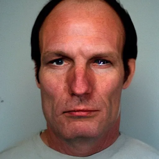 Image similar to A mugshot portrait of a middle aged older man who looks like Jerma985 with a receding hairline and short mid-length wavy hair, wearing mid-1980s menswear in the late 2008, taken in the late 1980s, grainy, realistic, hyperrealistic, very realistic, highly detailed, very detailed, extremely detailed, detailed, trending on artstation, front facing, front view, headshot and bodyshot, detailed face, very detailed face