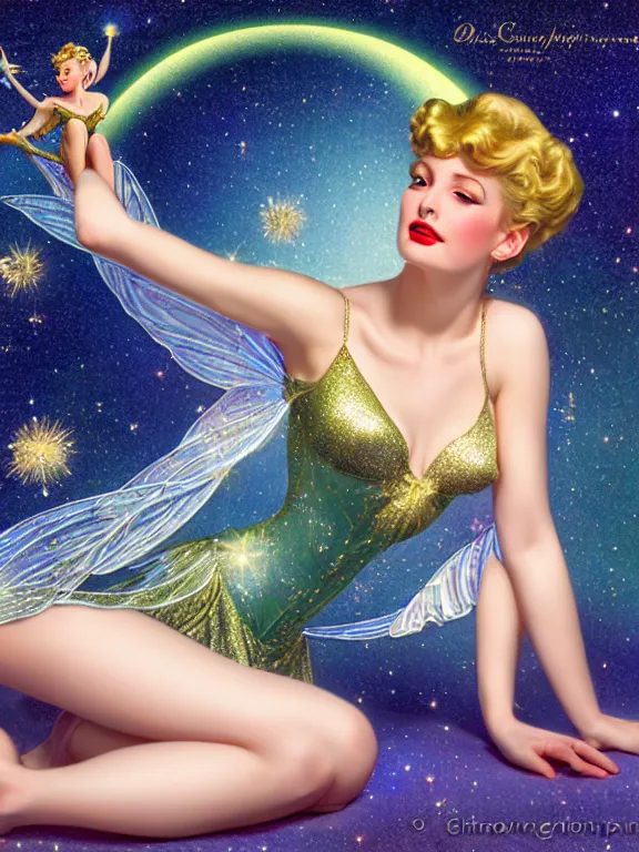 Prompt: Diana argon as tinkerbell glowing, a beautiful art nouveau portrait by Gil elvgren and Hajime Sorayama, moonlit starry sky environment, centered composition, defined features, golden ratio, gold jewlery, photorealistic professionals lighting, cinematic, sheer glass flower silk, light effect