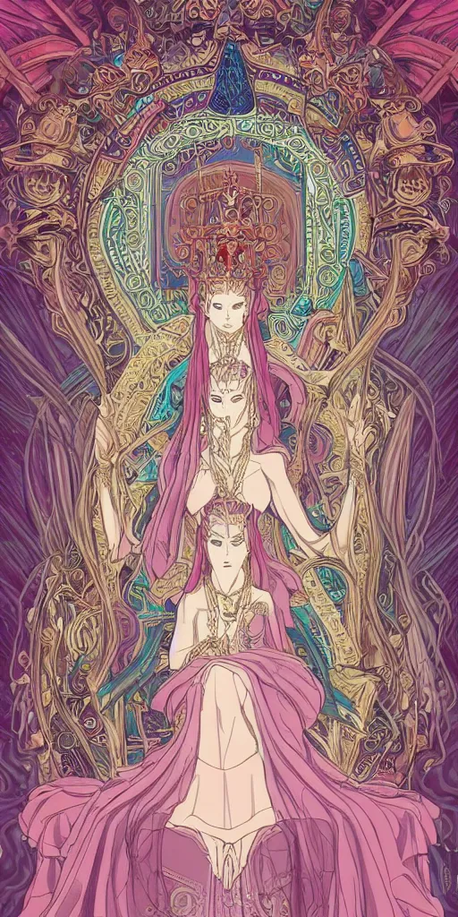 Prompt: a mystical woman priestess sitting on a throne, the divine feminine, drawn by studio UFOTABLE, fine line work, pastel colors