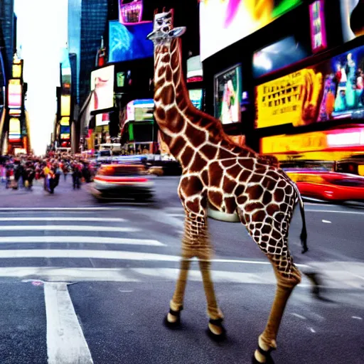 Image similar to a still of a giraffe stand in the intersection at times square. motion blur