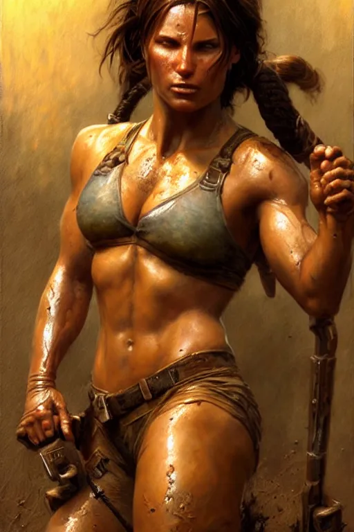 Image similar to muscular sweat lara croft, covers with mud exhausted face close up, highly detailed painting by gaston bussiere, craig mullins, j. c. leyendecker 8 k