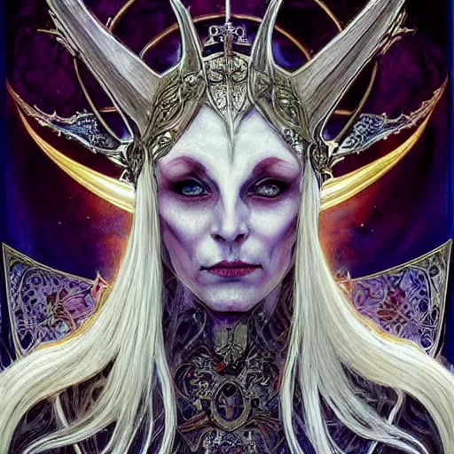 Image similar to portrait of demon evil witch queen made with porcelain by Jeff Easley and Peter Elson + beautiful eyes, beautiful face + symmetry face + border and embellishments inspiried by alphonse mucha, fractals in the background, galaxy + baroque, gothic, surreal + highly detailed, intricate complexity, epic composition, magical atmosphere + masterpiece, award winning + trending on artstation