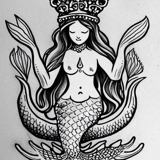 Prompt: a peaceful meditative mermaid wearing a crown, full body, highly detailed new school tattoo design