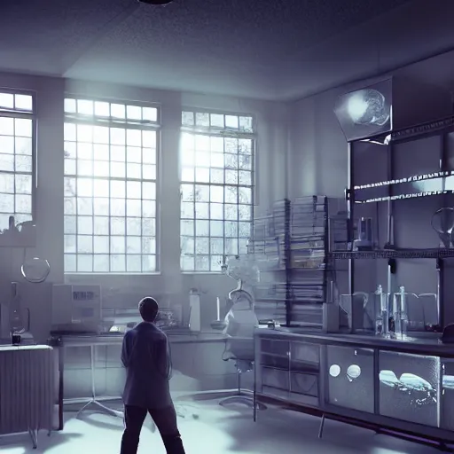 Image similar to muted colors, enlightenment era, 3 d octane render, unreal engine, realistic, and young scientist! standing in his laboratory observing a huge complex experiment!!, detailed, volumetric lighting