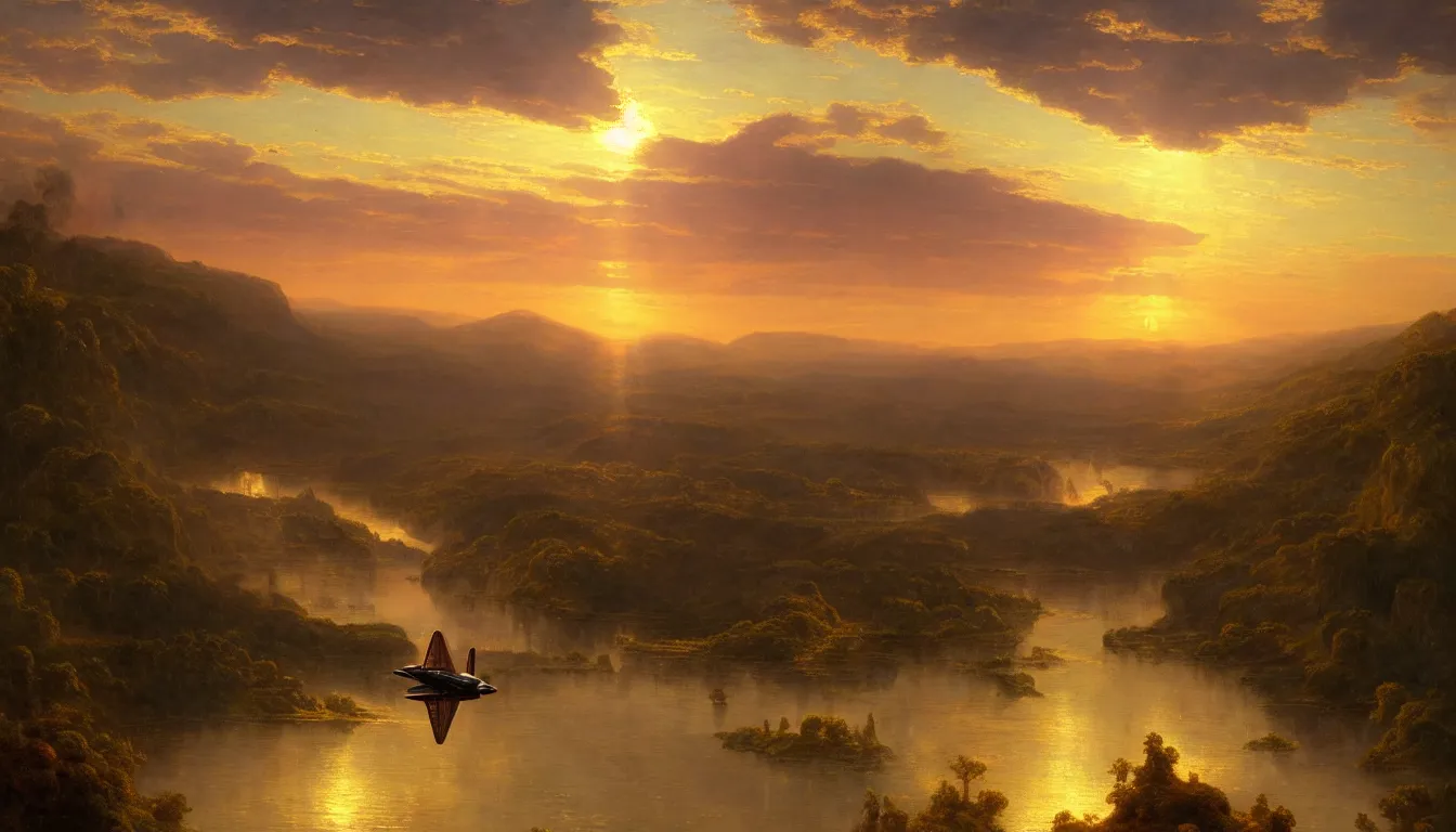 Image similar to a steam powered flying boat flies above a river valley at sunset, matte painting by frederic edwin church, golden hour, nature, fantasy art, trending on artstation, deviantart, behance, highly detailed, rule of thirds, crepuscular rays, steampunk