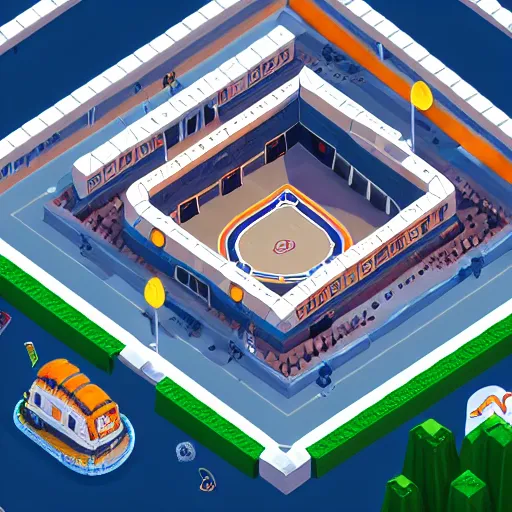 Prompt: hockey arena location. game illustration, gamedev, game, design, mobile game, aerial view, isometric voxel, blizzard, easports, playrix, nexters, intricate, elegant, sport game, highly detailed, digital painting, trending on artstation, smooth, sharp focus, art by roman klco, 4 k