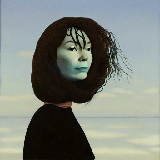 Image similar to very detailed portrait of bjork's face and long hair floating above the dark icelandic ocean into a gray sky. painted by rene magritte, 1 9 2 7. oil on canvas.