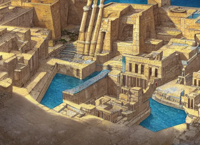 Prompt: A wide open courtyard in an epic, colorful city in ancient Egypt, anime, pyramids, sakura season, at Pamukkale, thermal waters flowing down white and gold travertine terraces, intricate, elegant, luxurious, hint of royal blue, digital painting, concept art, smooth, sharp focus, from Star Trek 2021, illustration, by WLOP and Ruan Jia and Mandy Jurgens and William-Adolphe Bouguereau, Artgerm