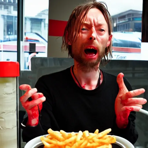 Image similar to thom yorke as a zombie eating people at mcdonalds in london