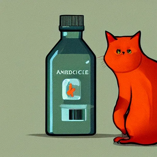 Image similar to a cat standing next to a bottle of medicine. orange cat. animal. digital art. artstation. illustration.