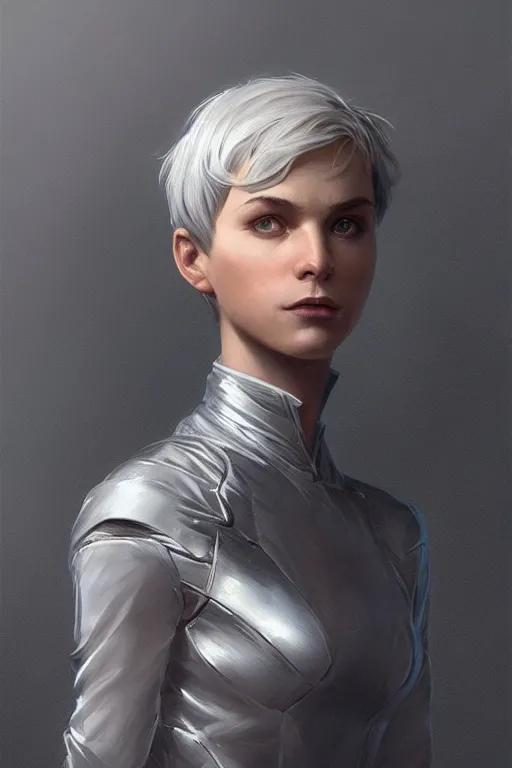 Prompt: science-fiction character portrait of Victor Nikiforov, short silver hair, tall, elegant, highly detailed, digital painting, artstation, upper body, concept art, smooth, sharp focus, illustration, art by artgerm and greg rutkowski and alphonse mucha