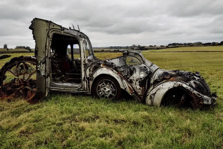 Image similar to beautiful english countryside, a ginormous destroyed dieselpunk machine lies broken in a field, fire and oil