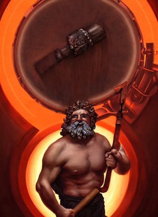 Image similar to the greek god hephaestus, brown hair, holding hammer, facing forward, steampunk, beautiful glowing eyes, volumetric lights, red and orange theme, art nouveau botanicals, intricate, highly detailed, digital painting, artstation, concept art, smooth, sharp focus, cinematic, illustration, beautiful face, art by artgerm and greg rutkowski and alphonse mucha