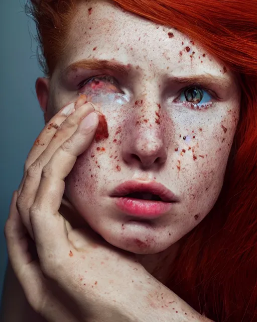 Prompt: Close-up portrait of a woman , close-up, high sharpness, zeiss lens, fashion photo shoot, flowers, red hair, freckles, Annie Leibovitz and Steve McCurry, David Lazar, Jimmy Nelsson, artistic, hyper-realistic, beautiful face, octane rendering