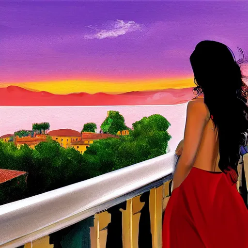 Prompt: gorgeous woman in a black backless dress stands on a Venice hotel balcony looking out in the distance, long wavy blonde hair Italian countryside, sunset, digital painting