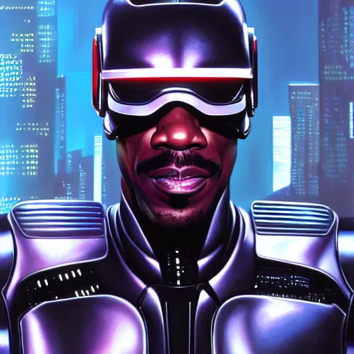 Image similar to epic painting of Cyberpunk Eddie Murphy as Beverly Hills Robocop, soft details, extremely detailed and coherent, matte painting oil on canvas by mark arian by artgerm, 4k, 8k, HD, trending on artstation