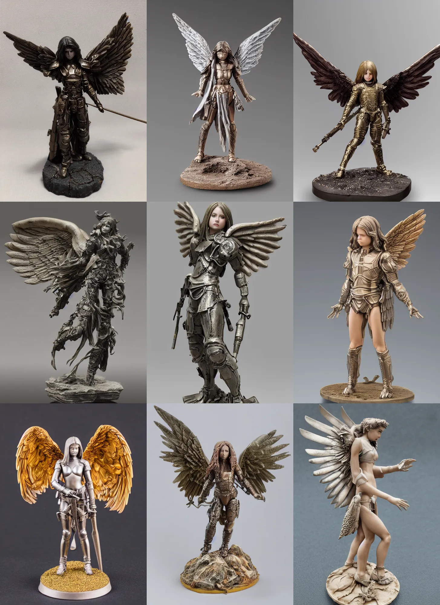 Prompt: 80mm resin detailed miniature of a young armored angel, very long hair, on textured base; Miniature product Photos, 4K, Full body; Front view