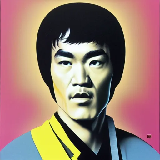 Image similar to portrait of bruce lee by shusei nagaoka, kaws, david rudnick, airbrush on canvas, pastell colours, cell shaded