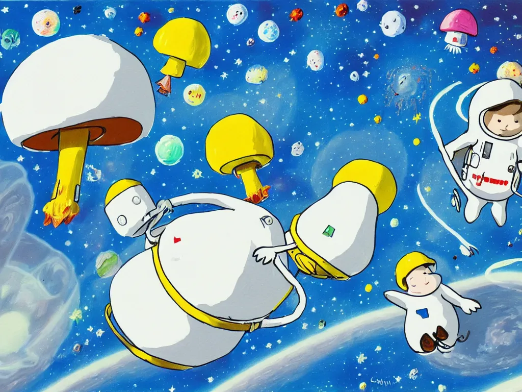 Image similar to moomins in space suits flying around with jetpacks discovering the mushroom planet, photorealistic painting