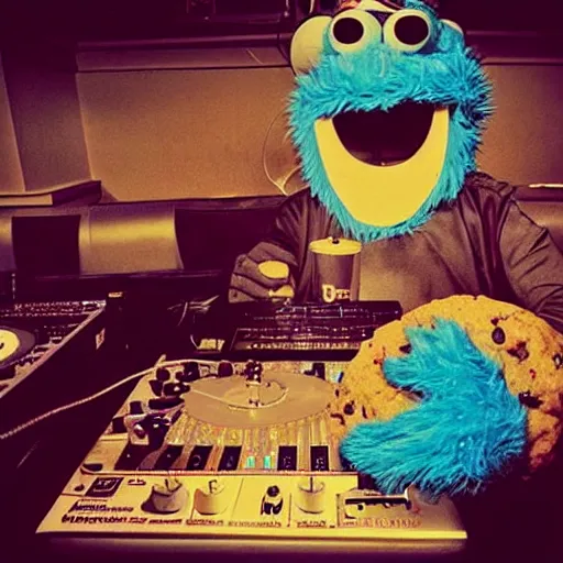 Prompt: “photograph of Cookie Monster as a DJ with turntables that are cookies”