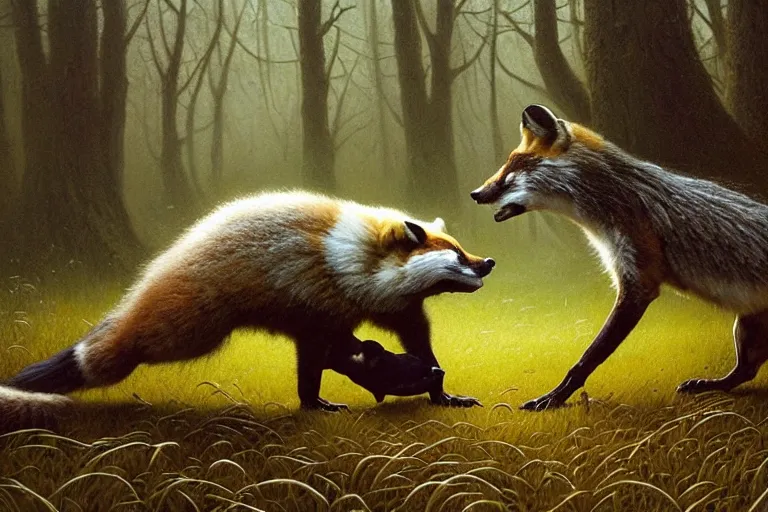 Image similar to photo, badger fights a fox, woodland location, stefan kostic and david cronenberg, realistic, sharp focus, 8 k high definition, intricate, chiaroscuro, elegant, perfect faces, symmetrical face, extremely detailed, hypnotic eyes, realistic, fantasy art, masterpiece zdzislaw beksinski, artgerm