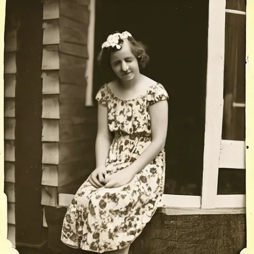 Prompt: 35mm antique film portrait of a sweet young woman in a flowery dress, sitting on the front porch of an old farmhouse, 1930’s, mid-summer evening, cinematic angle