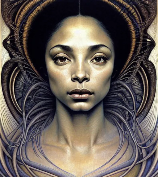 Image similar to detailed realistic beautiful young sade adu face portrait by jean delville, gustave dore and marco mazzoni, art nouveau, symbolist, visionary, gothic, pre - raphaelite. horizontal symmetry by zdzisław beksinski, iris van herpen, raymond swanland and alphonse mucha. highly detailed, hyper - real, beautiful, fractal baroque