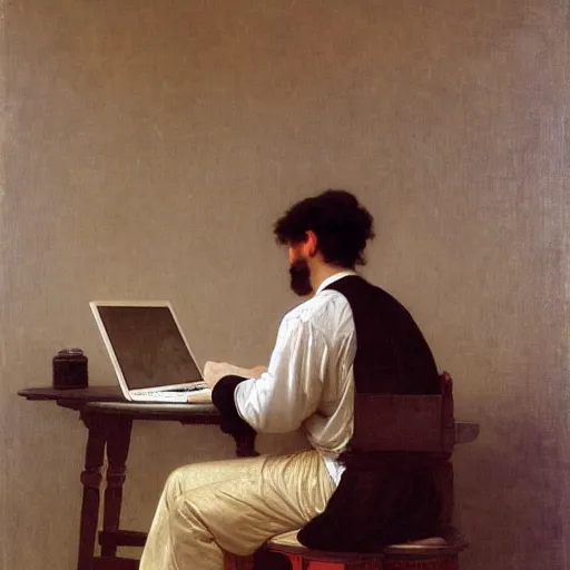 Prompt: an oil painting of an man playing a laptop, view from back, by Bouguereau, highly detailed and intricate,