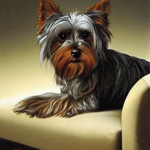 Prompt: old brown and gray Yorkshire terrier dog sitting a white leather chair, long hair, extremely detailed masterpiece, illustration, by Michael Sowa,