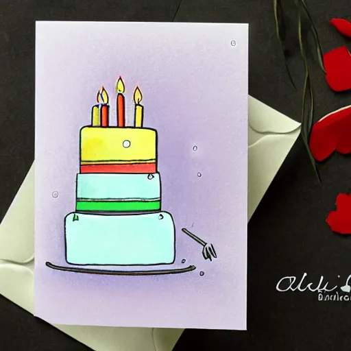 Prompt: birthday card, birthday cake with candles, cute illustration by basia tran