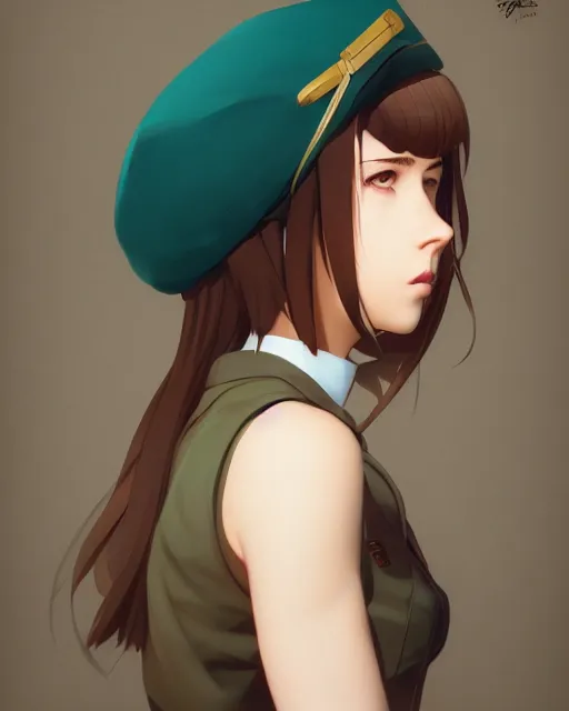 Image similar to young woman with shoulder length light brown hair and hazel eyes dressed in a sharp dark teal military uniform and beret, anime, ilya kuvshinov, greg rutkowski, guweiz, ross tran, loish, svetlana tigai, artgerm, artstation trending, concept art, digital painting