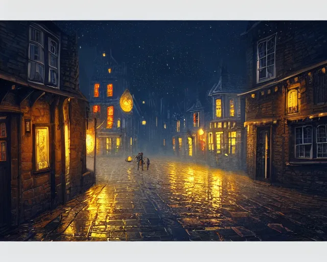 Image similar to A medieval, magical London street at night, Tudor houses, digital painting by Alena Aenami, trending on artstation