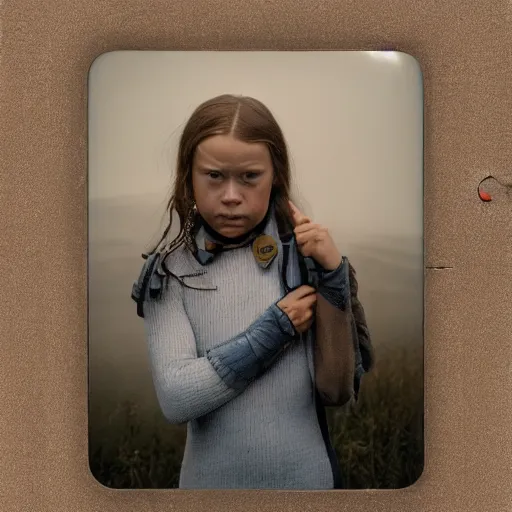 Prompt: greta thunberg in iron man suit, secretly on a village, Cinematic focus, Polaroid photo, vintage, neutral colors, soft lights, foggy, by Steve Hanks, by Serov Valentin, by lisa yuskavage, by Andrei Tarkovsky