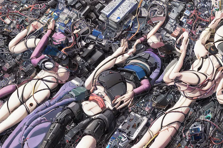 Image similar to a refined cyberpunk illustration of a group of female androids' lying on the floor with their body parts scattered around and cables and wires coming out, by katsuhiro otomo and masamune shirow, hyper-detailed, colorful, view from above, wide angle, close up, white background