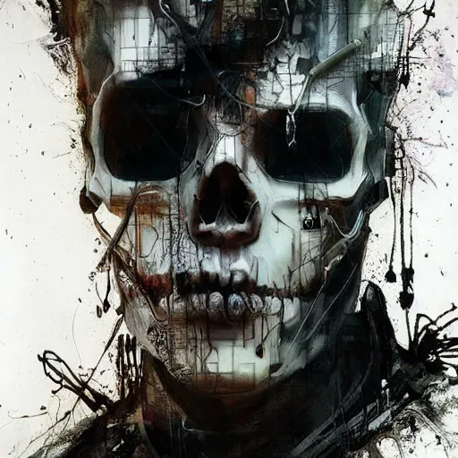 Prompt: skulls wires skin cyberpunk by emil melmoth zdzislaw belsinki craig mullins yoji shinkawa realistic render ominous detailed photo atmospheric by jeremy mann francis bacon and agnes cecile ink drips paint smears digital glitches glitchart