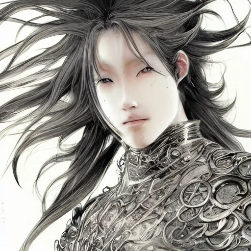 Image similar to yoshitaka amano realistic illustration of an anime girl with wavy white hair and cracks on her face wearing elden ring armour with the cape fluttering in the wind, abstract black and white patterns on the background, noisy film grain effect, highly detailed, renaissance oil painting, weird portrait angle