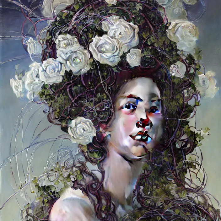 Prompt: hyperrealist portrait of a 2 0 4 4 space sport engineer, it is decorated with long wires and white roses that fall like vines and wears a huge computer crown. by jeremy mann and alphonse mucha, fantasy art, photo realistic, dynamic lighting, artstation, poster, volumetric lighting, very detailed faces, 4 k, award winning