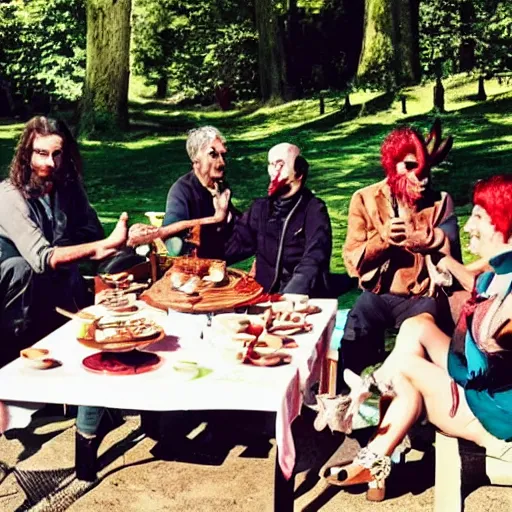 Image similar to a group of demons have a pleasent tea party on a sunny day