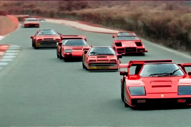 Prompt: vintage archival race footage of a single 1985 Ferrari F40, with elements of the De Tomaso Pantera, Lotus, GT40, BMW M1, and Countach, movie still, speed, cinematic Panavision 5384 film