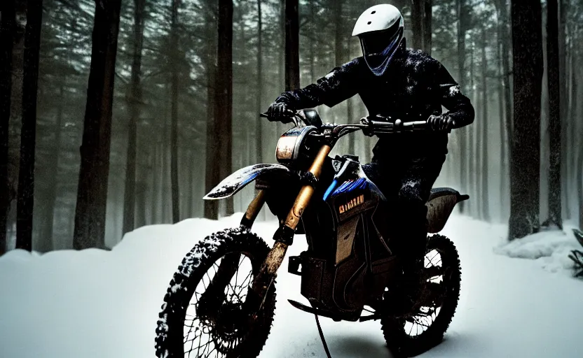 Prompt: cinestill 5 0 d candid photographic portrait by steve mccurry of joe biden wearing rugged black mesh techwear riding on a dirtbike through a deep forest, extreme closeup, modern cyberpunk moody emotional cinematic, snow storm, 8 k, hd, high resolution, 3 5 mm, f / 3 2, ultra realistic faces, ex machina