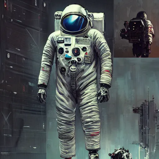 Image similar to astronaut, cyberpunk, realistic, detailed, Industrial Scifi, paint, in the style of Ashley Wood and Wadim Kashin