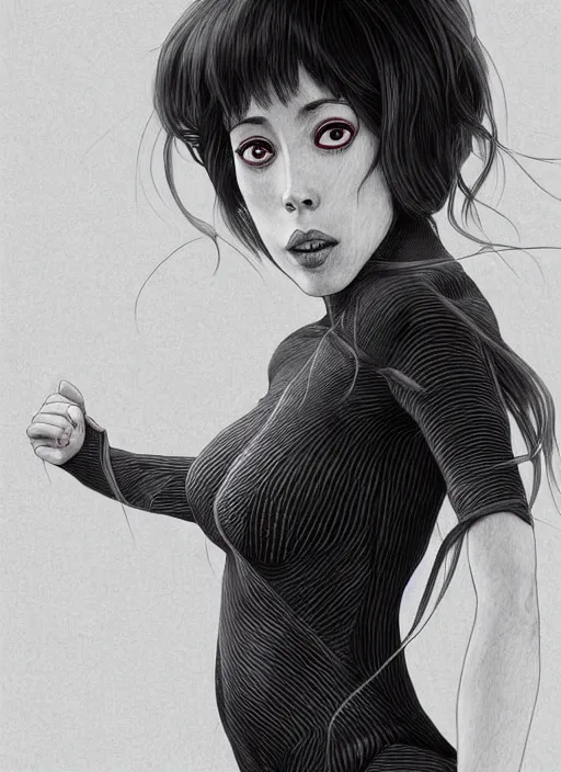 Image similar to full length photo of Oona Chaplin in the style of Junji Ito, full body, not realistic, sharp focus, 8k high definition, insanely detailed, intricate, elegant, art by stanley lau and artgerm