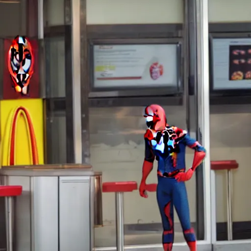 Prompt: spider man working in mcdonalds, movie still, dslr