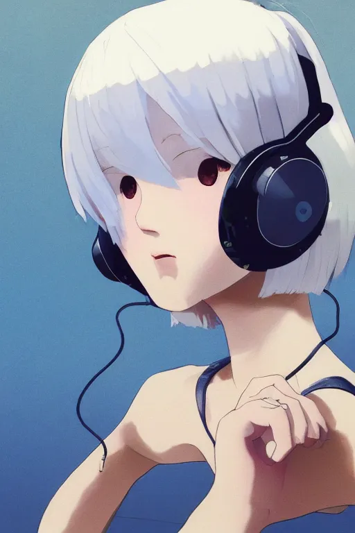 Image similar to a cute young woman listening to music with her eyes closed and wearing headphones by Ilya Kuvshinov, white bob cut hair, freckles, dark thunderclouds in the backround, blue filter, blue and white, vivid colors, soft lighting, cinematic, moody, nier automata, poster, oil on canvas, influenced by Range Murata and Krenz Cushart, 8k