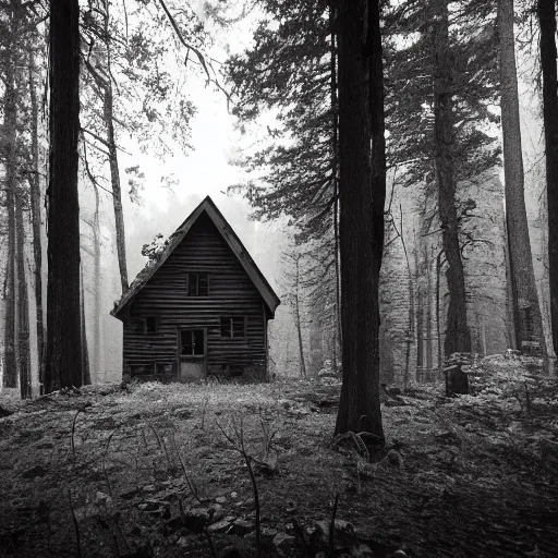 Image similar to an Eerie cabin in the middle of the woods in the style of Ansel Adams