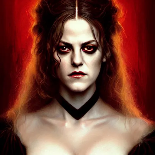 Prompt: portrait of riley keough as a vampire in bloody business suit, blood red eyes, fantasy, intricate, elegant, highly detailed, digital painting, art by aenaluck and roberto ferri and greg rutkowski, epic fantasy, movie poster