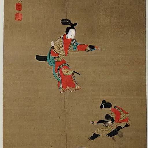 Prompt: the Chinese ancient painting of a lady playing skateboard in Tang Dynasty , by Han Xizai