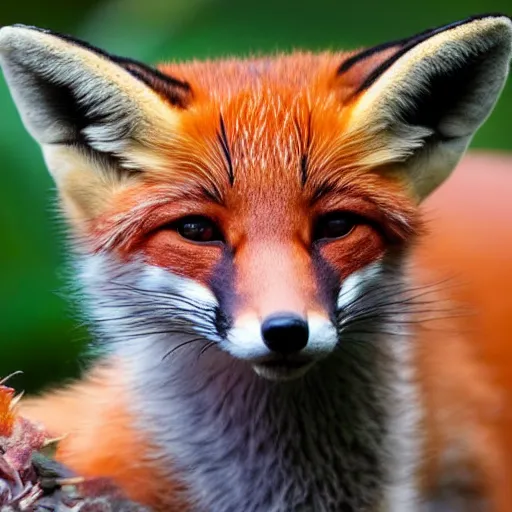 Prompt: a photograph of a fox and ocelot hybrid animal