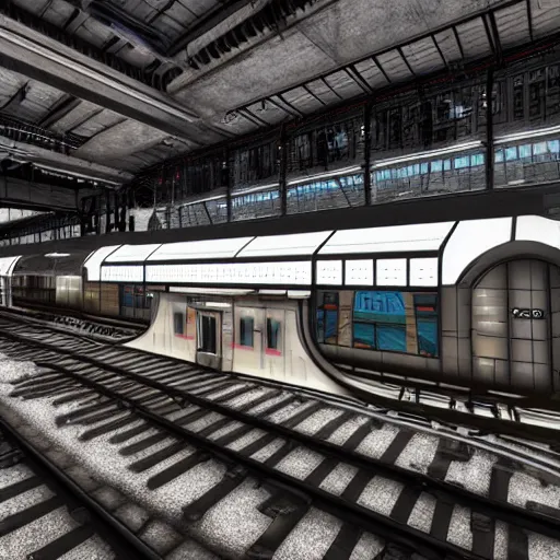 Image similar to Immense industrial futuristic train arrives at cyber punk city station, cinematic lighting,